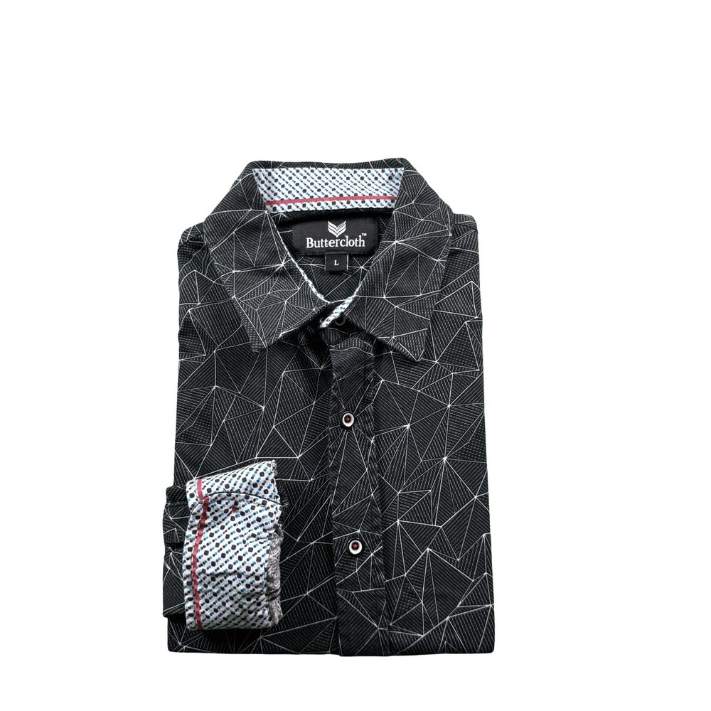 Buttercloth Mens Black Geometric Long Sleeve Contrast Cuff Button Front Shirt L